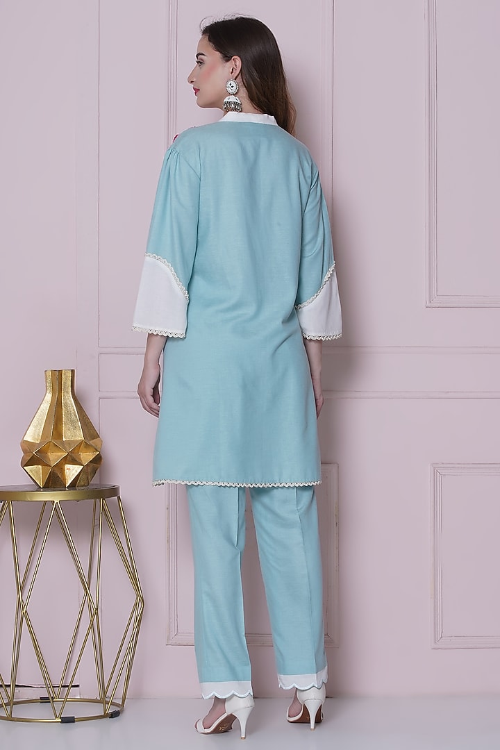 Aqua Blue Linen Cotton Hand Work Co-Ord Set by KM By Kavita at Pernia's Pop Up Shop