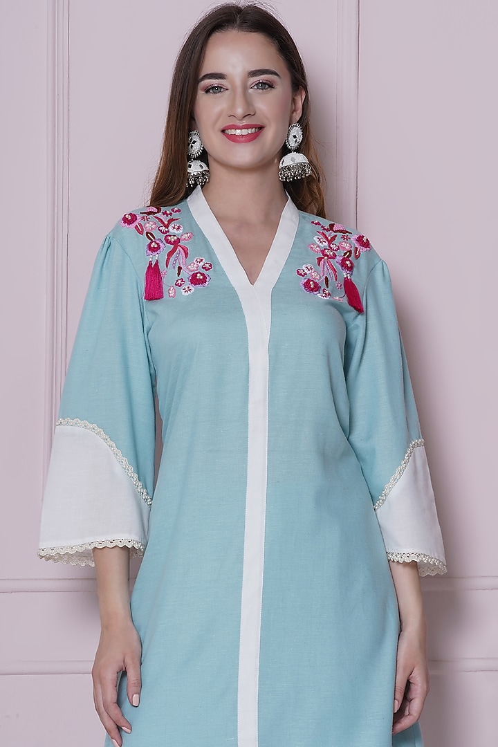 Aqua Blue Linen Cotton Hand Work Co-Ord Set by KM By Kavita at Pernia's Pop Up Shop