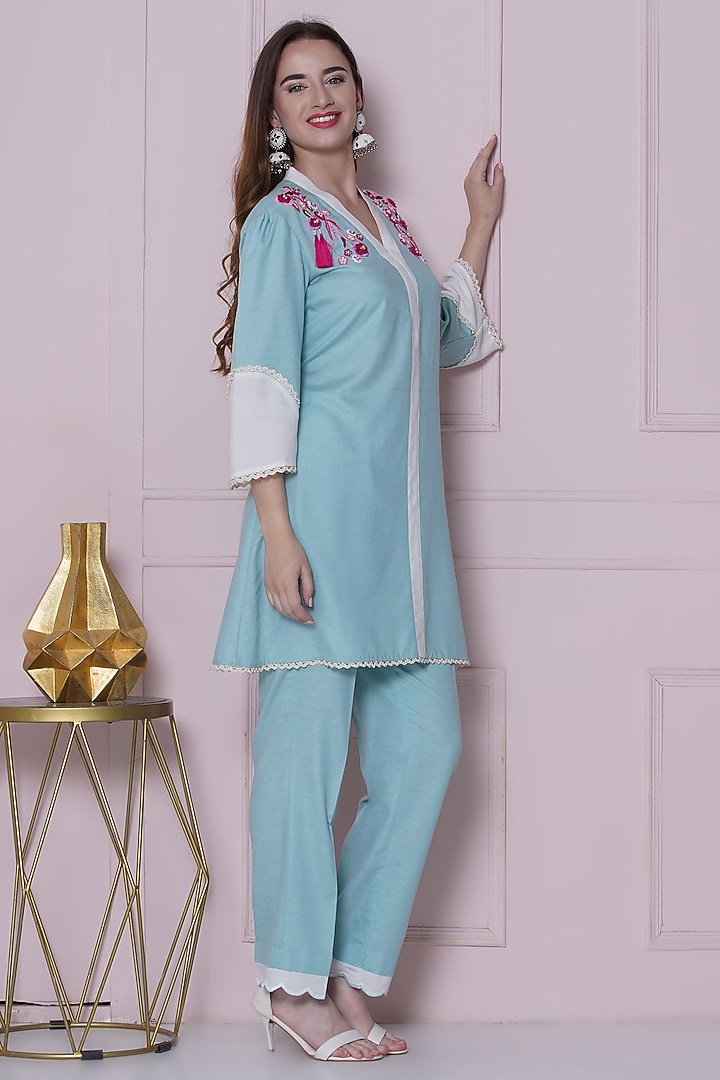 Aqua Blue Linen Cotton Hand Work Co-Ord Set by KM By Kavita at Pernia's Pop Up Shop
