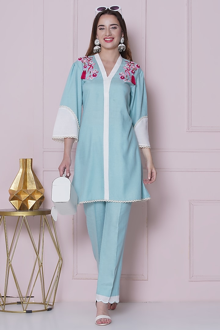 Aqua Blue Linen Cotton Hand Work Co-Ord Set by KM By Kavita at Pernia's Pop Up Shop