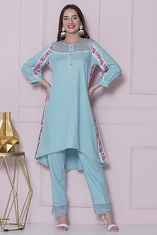 Aqua Blue Linen Cotton Hand Work & Floral Printed Co-Ord Set by KM By Kavita