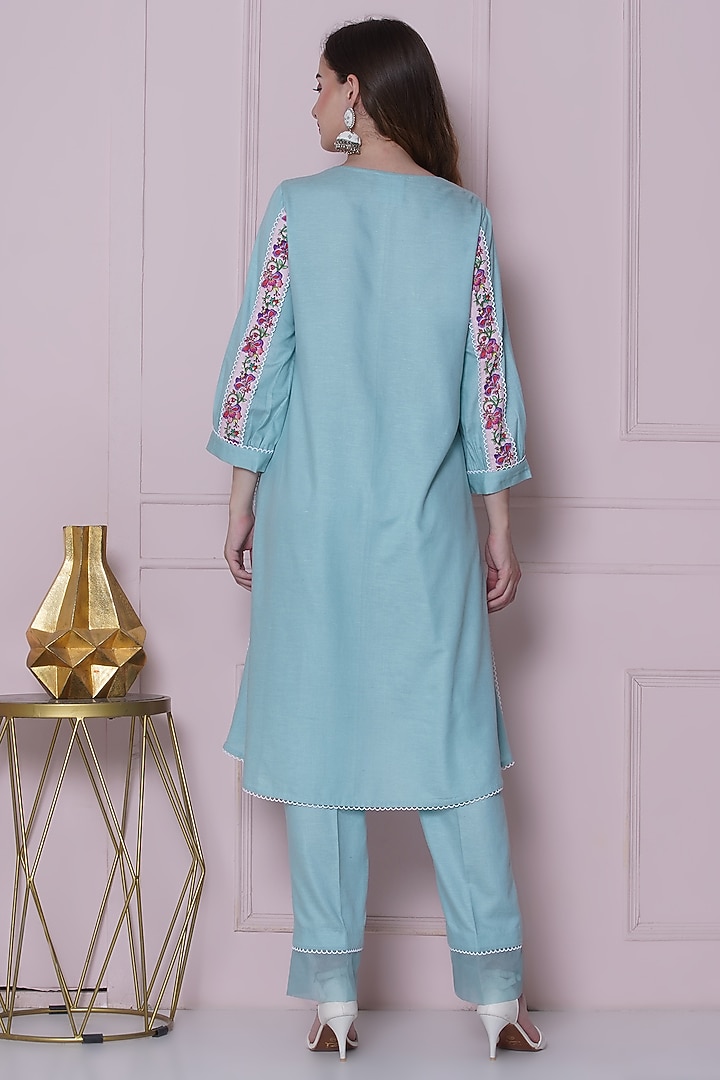 Aqua Blue Linen Cotton Hand Work & Floral Printed Co-Ord Set by KM By Kavita at Pernia's Pop Up Shop