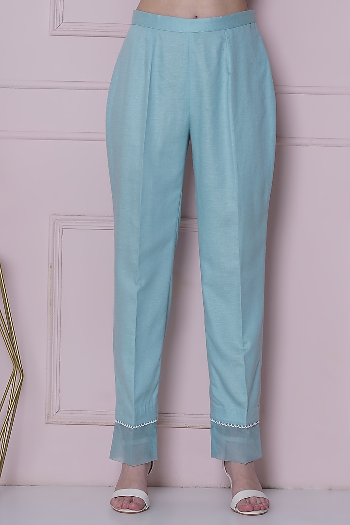 Aqua Blue Linen Cotton Hand Work & Floral Printed Co-Ord Set by KM By Kavita at Pernia's Pop Up Shop