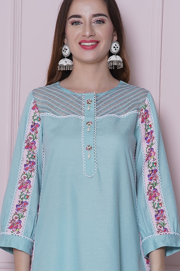 Aqua Blue Linen Cotton Hand Work & Floral Printed Co-Ord Set by KM By Kavita at Pernia's Pop Up Shop