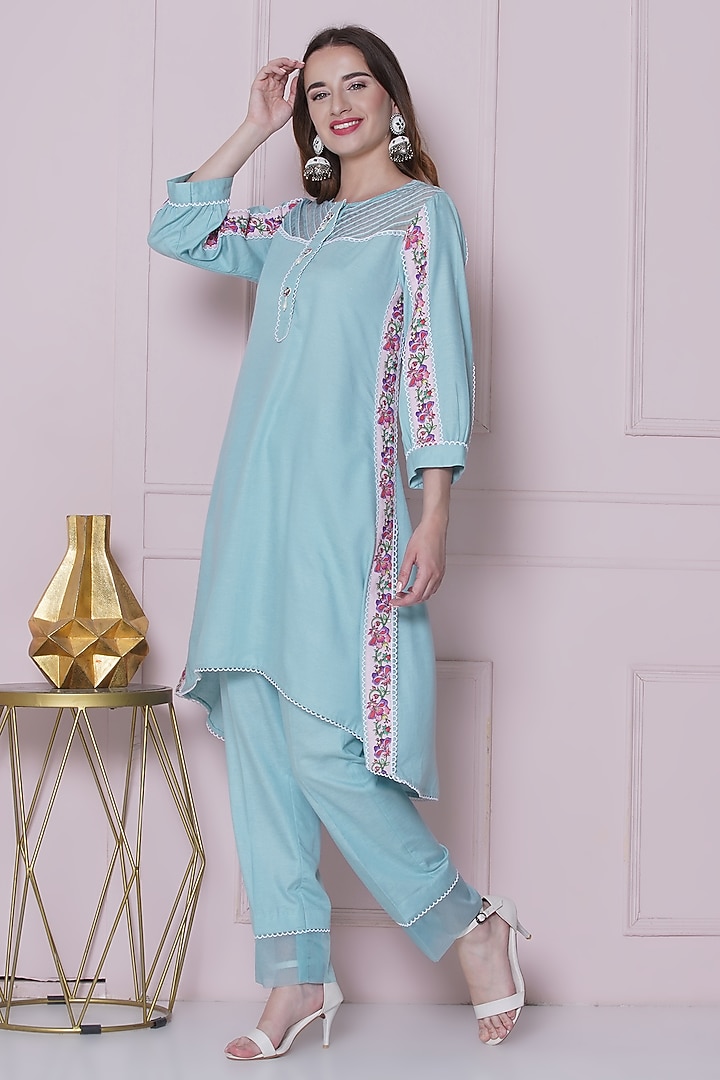 Aqua Blue Linen Cotton Hand Work & Floral Printed Co-Ord Set by KM By Kavita at Pernia's Pop Up Shop