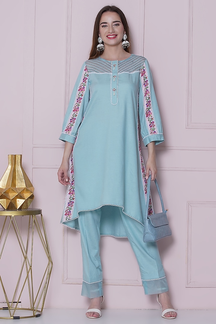 Aqua Blue Linen Cotton Hand Work & Floral Printed Co-Ord Set by KM By Kavita at Pernia's Pop Up Shop