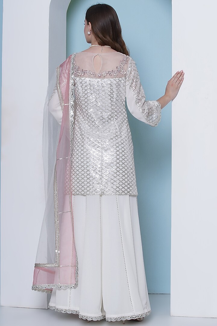 Off-White Georgette Hand & Machine Embroidered Wedding Sharara Set by KM By Kavita at Pernia's Pop Up Shop