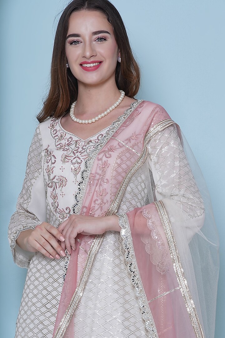 Off-White Georgette Hand & Machine Embroidered Wedding Sharara Set by KM By Kavita at Pernia's Pop Up Shop