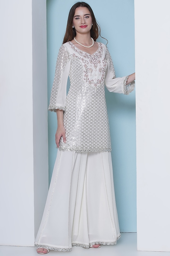 Off-White Georgette Hand & Machine Embroidered Wedding Sharara Set by KM By Kavita at Pernia's Pop Up Shop