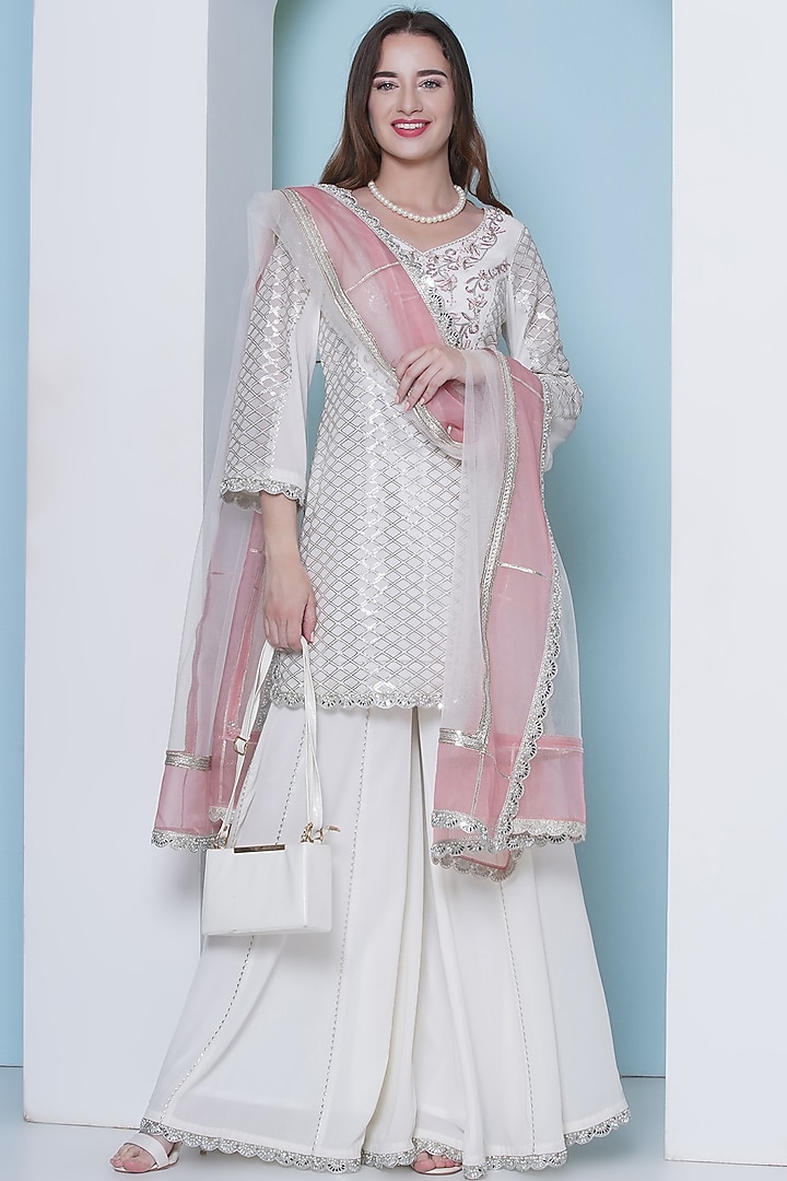 Off-White Georgette Hand & Machine Embroidered Wedding Sharara Set by KM By Kavita at Pernia's Pop Up Shop