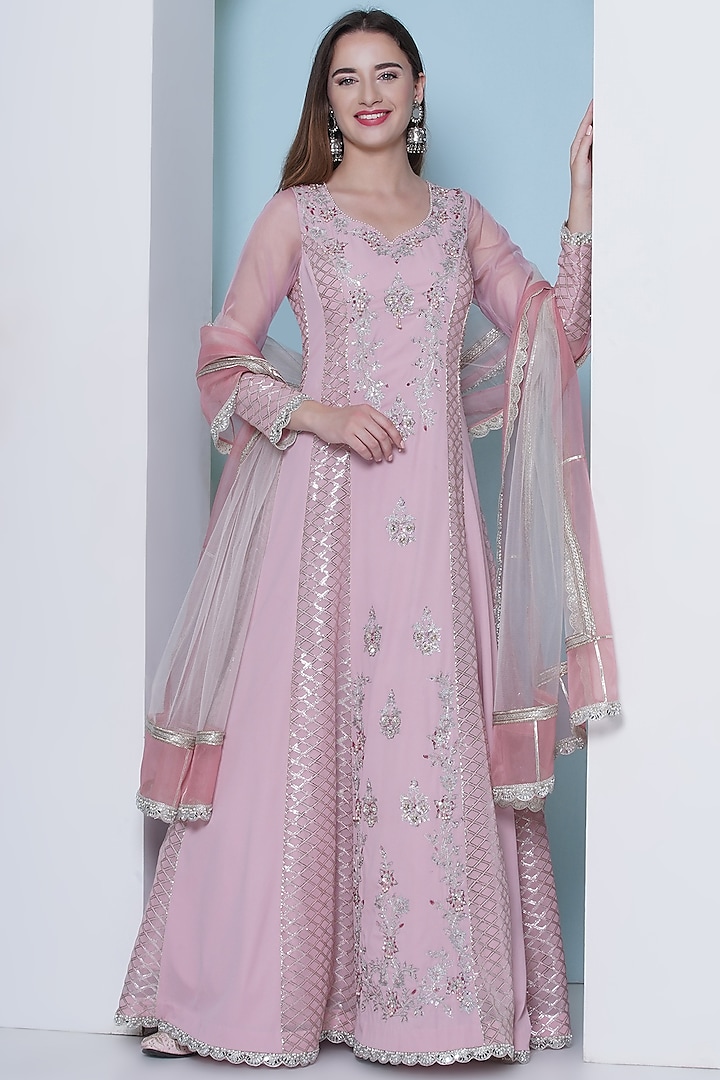 Rose Pink Georgette Zari Hand & Machine Embroidered Anarkali Set by KM By Kavita at Pernia's Pop Up Shop