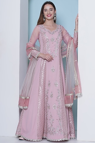Rose Pink Georgette Zari Hand & Machine Embroidered Anarkali Set by KM By Kavita