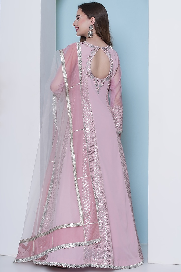 Rose Pink Georgette Zari Hand & Machine Embroidered Wedding Anarkali Set by KM By Kavita at Pernia's Pop Up Shop