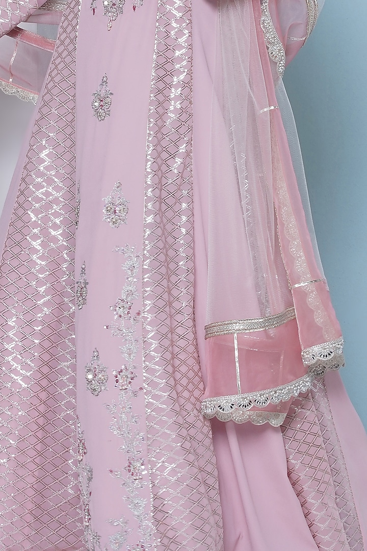 Rose Pink Georgette Zari Hand & Machine Embroidered Wedding Anarkali Set by KM By Kavita at Pernia's Pop Up Shop