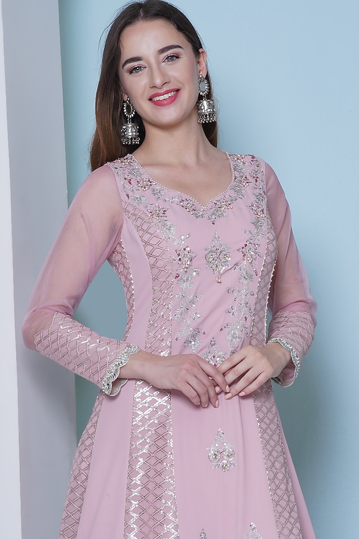 Rose Pink Georgette Zari Hand & Machine Embroidered Wedding Anarkali Set by KM By Kavita at Pernia's Pop Up Shop