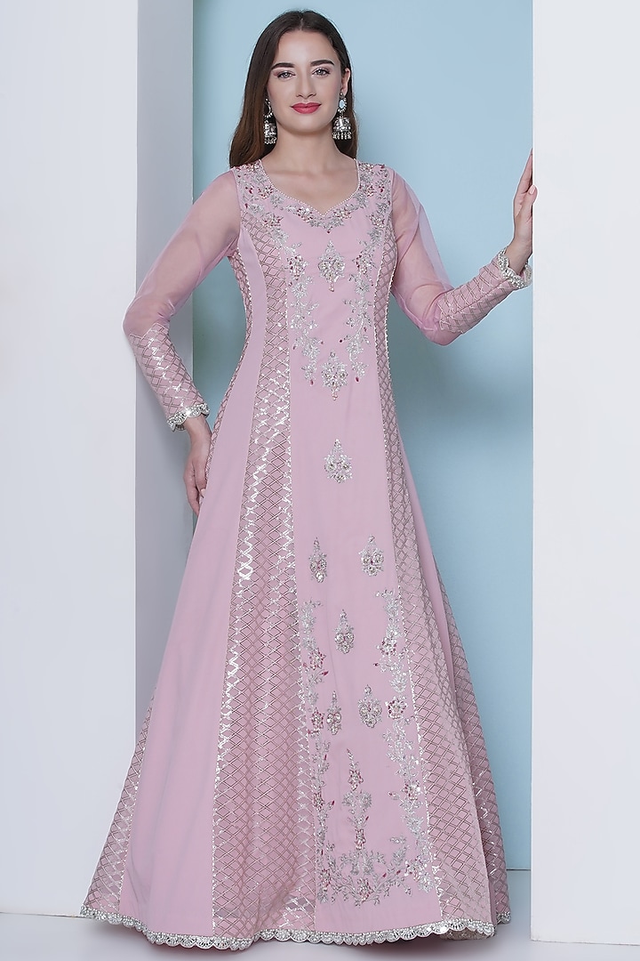 Rose Pink Georgette Zari Hand & Machine Embroidered Wedding Anarkali Set by KM By Kavita at Pernia's Pop Up Shop