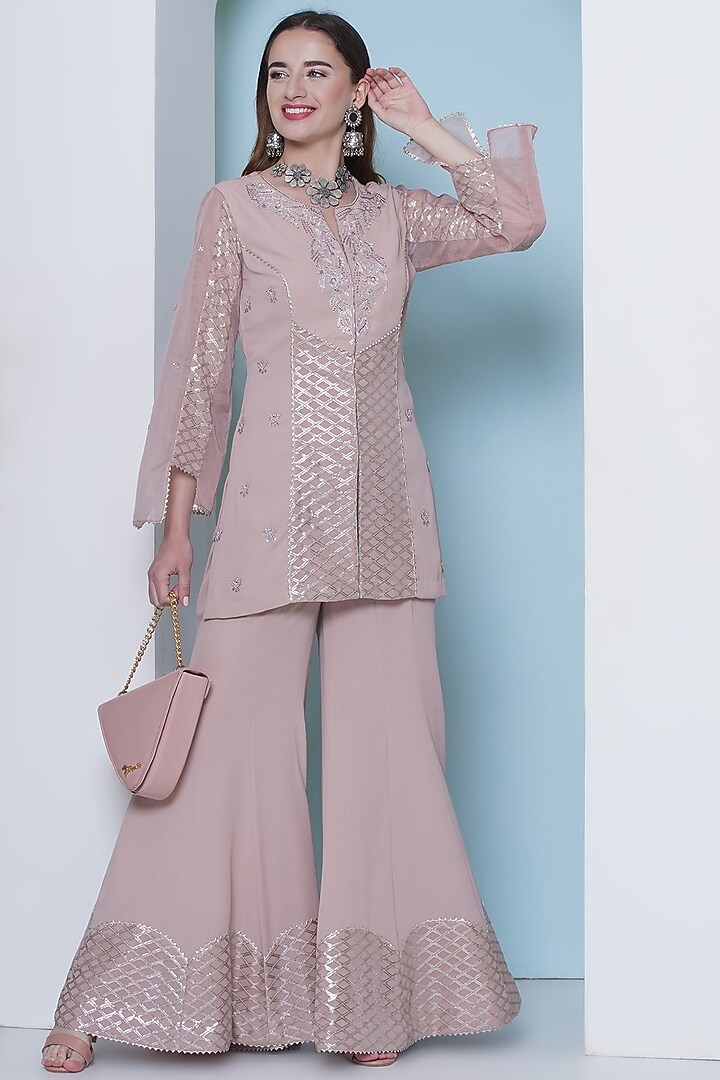 Nude Pink Georgette Wedding Sharara Set by KM By Kavita at Pernia's Pop Up Shop