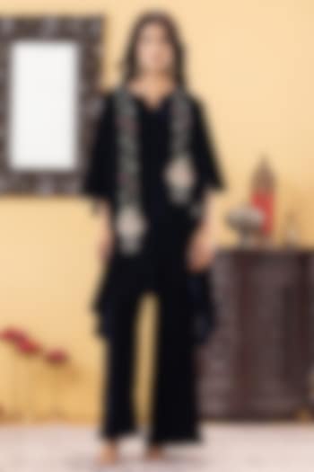 Navy Blue Velvet Hand Embroidered Indowestern Kurta Set by KM By Kavita at Pernia's Pop Up Shop