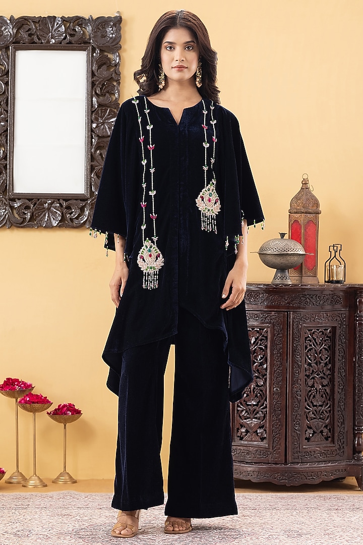 Navy Blue Velvet Hand Embroidered Indowestern Kurta Set by KM By Kavita at Pernia's Pop Up Shop