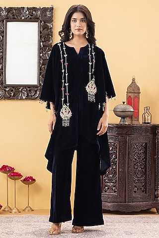Navy Blue Velvet Hand Embroidered Indowestern Kurta Set by KM By Kavita