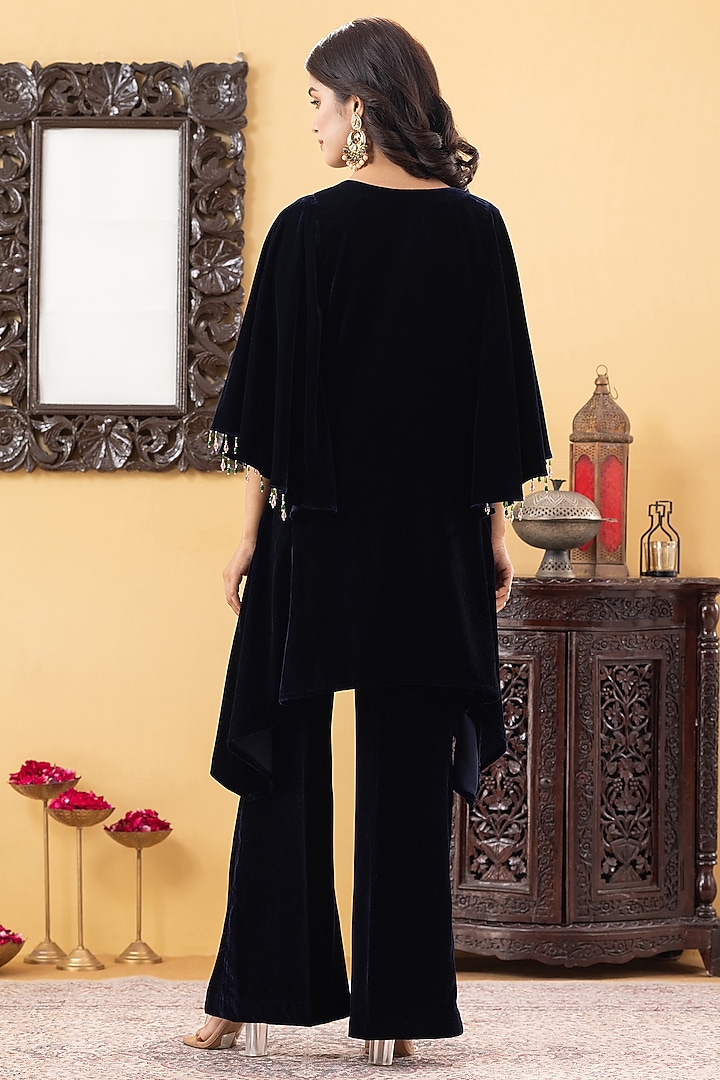 Navy Blue Velvet Hand Embroidered Indowestern Kurta Set by KM By Kavita at Pernia's Pop Up Shop