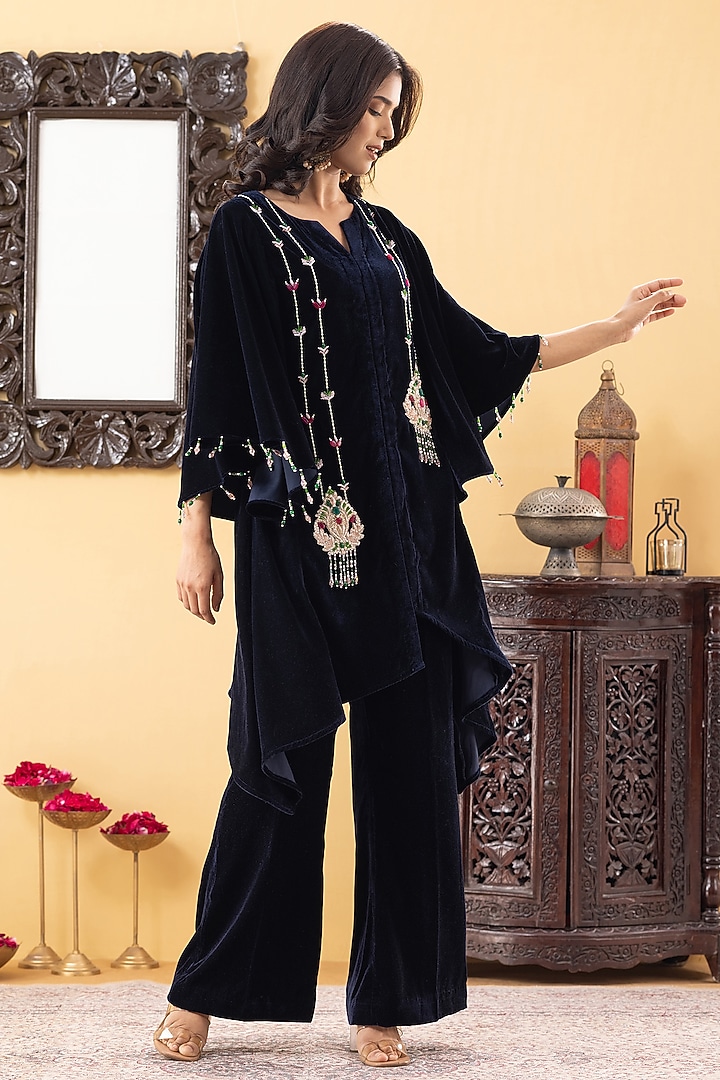 Navy Blue Velvet Hand Embroidered Indowestern Kurta Set by KM By Kavita at Pernia's Pop Up Shop