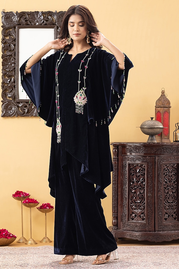 Navy Blue Velvet Hand Embroidered Indowestern Kurta Set by KM By Kavita at Pernia's Pop Up Shop
