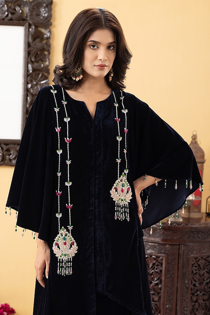 Navy Blue Velvet Hand Embroidered Indowestern Kurta Set by KM By Kavita at Pernia's Pop Up Shop