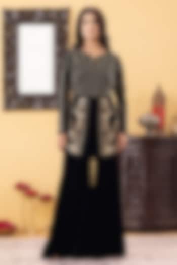 Navy Blue Velvet Flared Kalidar Party Wear Sharara Set by KM By Kavita at Pernia's Pop Up Shop