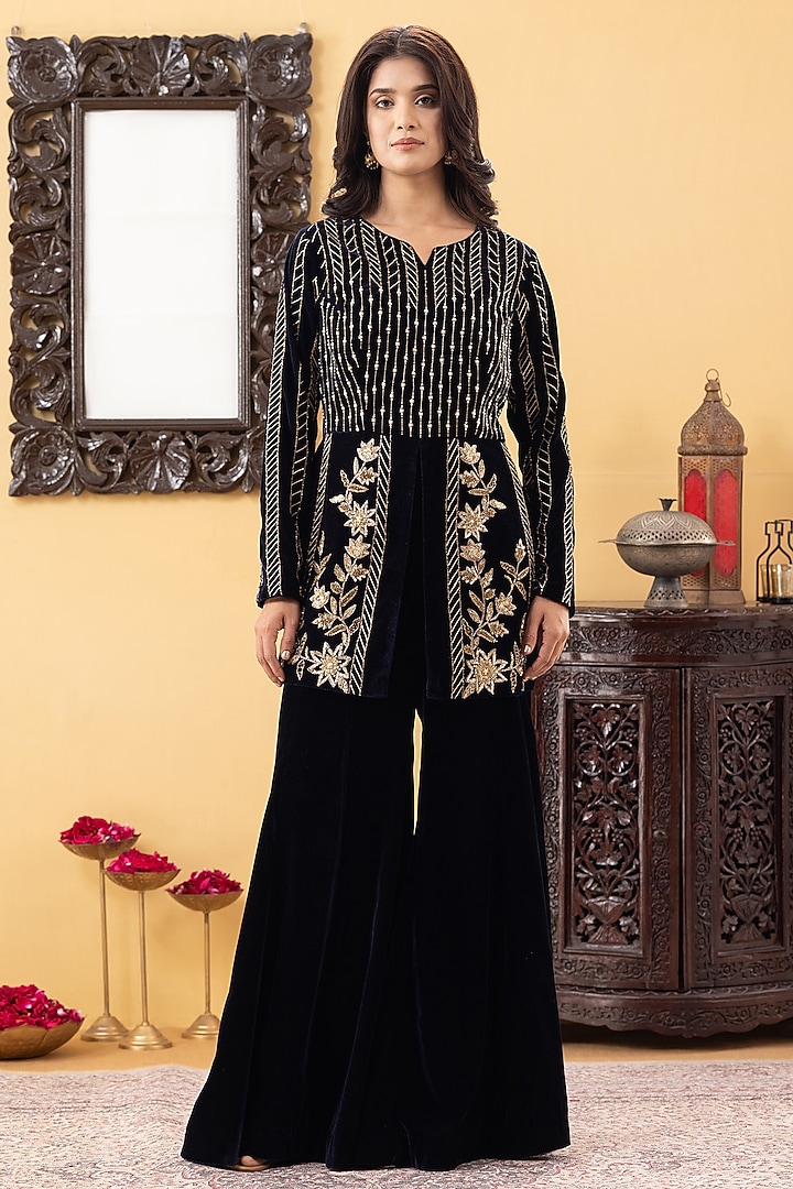 Navy Blue Velvet Flared Kalidar Party Wear Sharara Set by KM By Kavita at Pernia's Pop Up Shop
