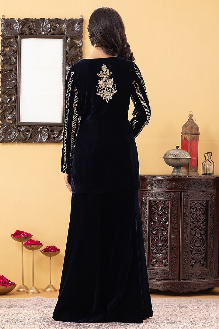 Navy Blue Velvet Flared Kalidar Party Wear Sharara Set by KM By Kavita at Pernia's Pop Up Shop