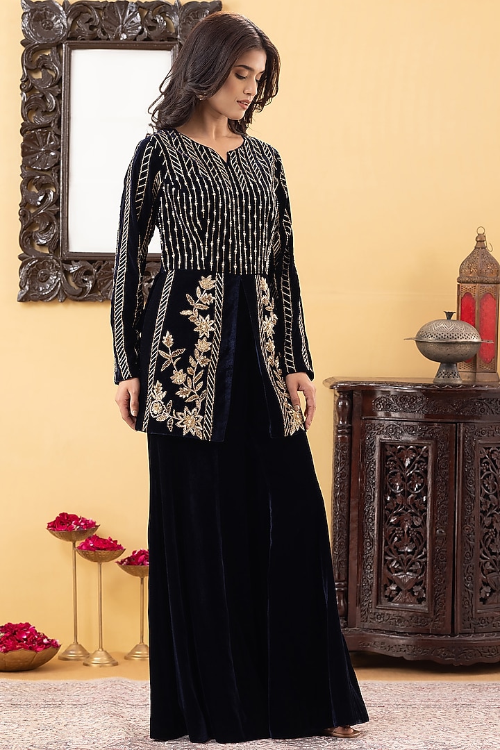 Navy Blue Velvet Flared Kalidar Party Wear Sharara Set by KM By Kavita at Pernia's Pop Up Shop