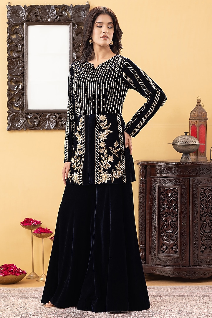 Navy Blue Velvet Flared Kalidar Party Wear Sharara Set by KM By Kavita at Pernia's Pop Up Shop