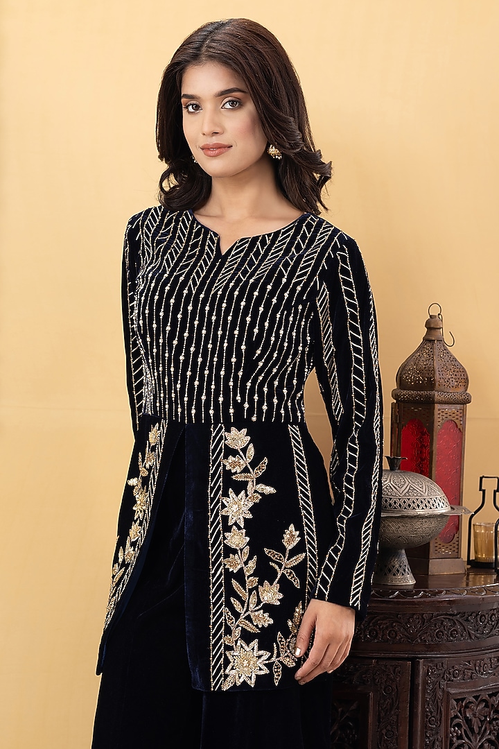 Navy Blue Velvet Flared Kalidar Party Wear Sharara Set by KM By Kavita at Pernia's Pop Up Shop