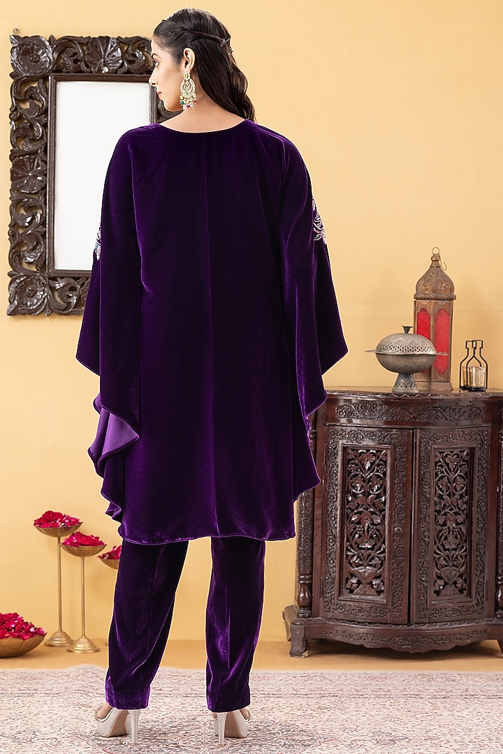 Purple Velvet Hand Embroidered Kaftan Set by KM By Kavita at Pernia's Pop Up Shop
