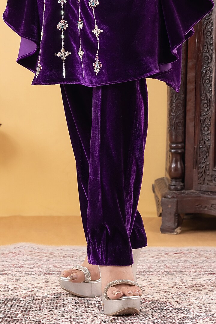 Purple Velvet Hand Embroidered Kaftan Set by KM By Kavita at Pernia's Pop Up Shop