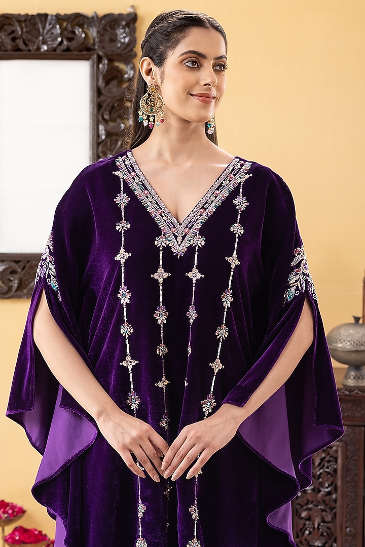 Purple Velvet Hand Embroidered Kaftan Set by KM By Kavita at Pernia's Pop Up Shop