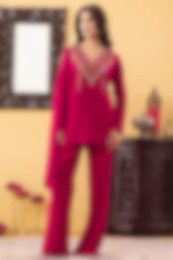 Fuchsia Velvet Flared Pant Set by KM By Kavita at Pernia's Pop Up Shop