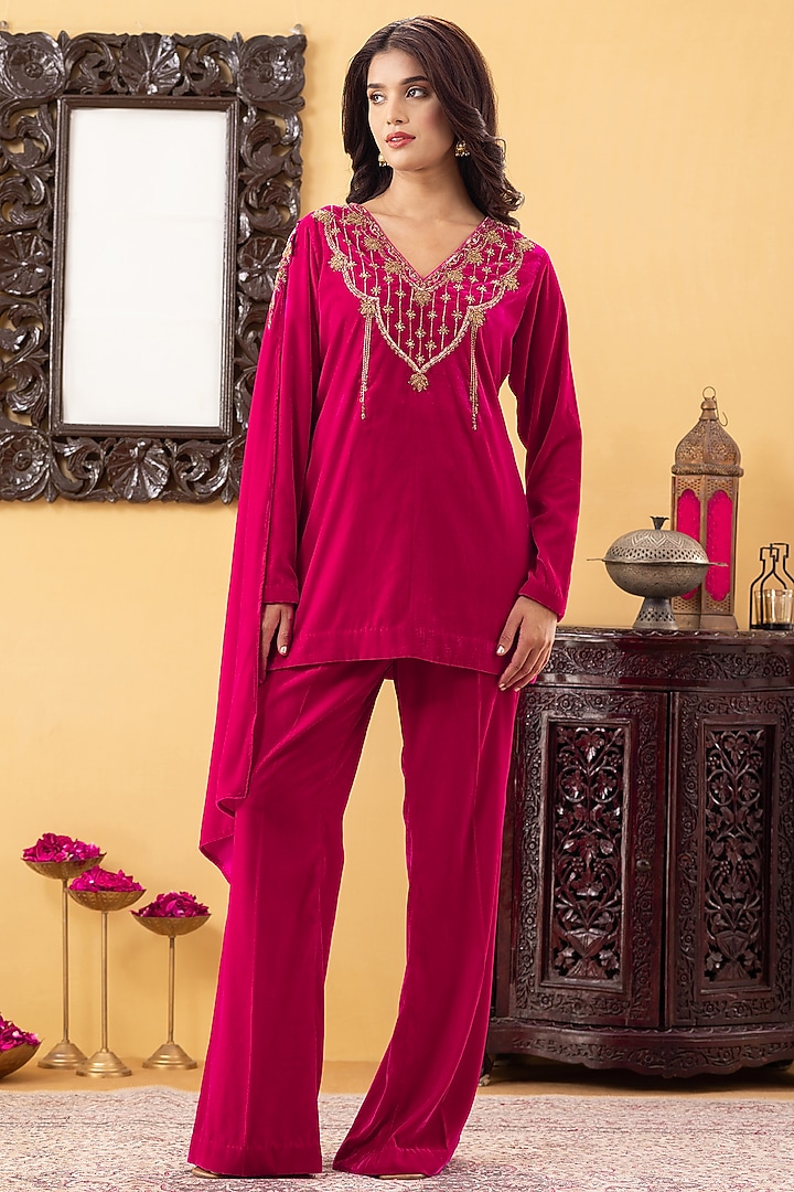 Fuchsia Velvet Flared Pant Set by KM By Kavita at Pernia's Pop Up Shop