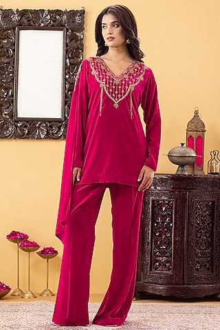Fuchsia Velvet Flared Pant Set by KM By Kavita