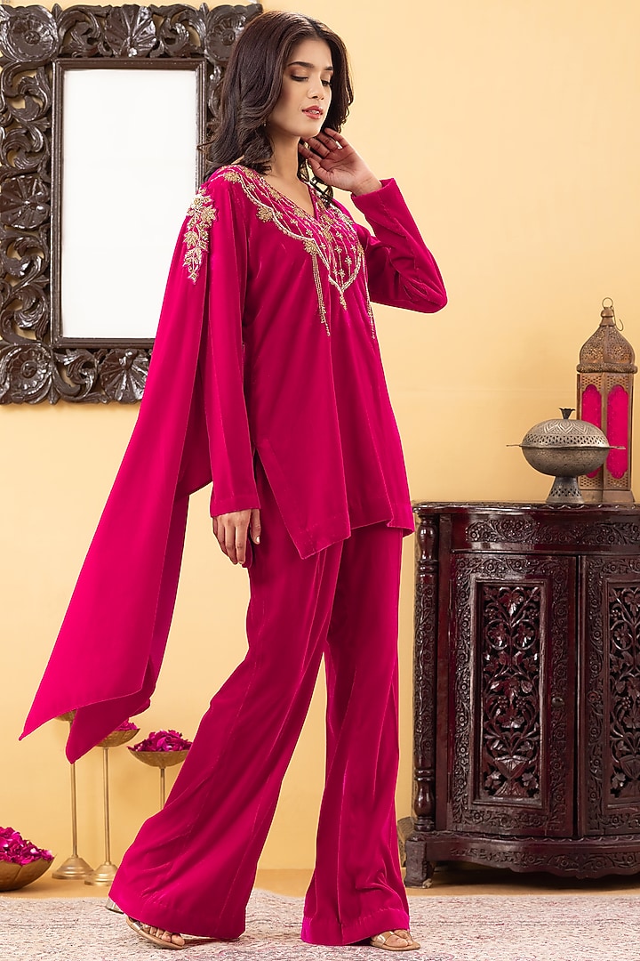 Fuchsia Velvet Flared Pant Set by KM By Kavita at Pernia's Pop Up Shop