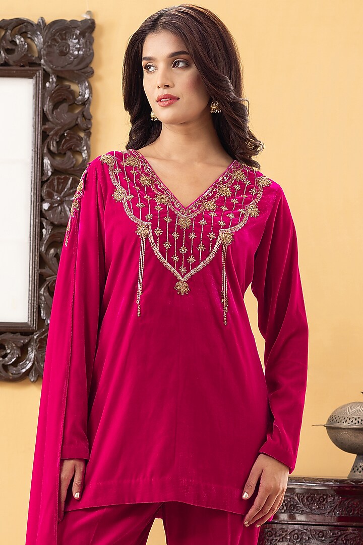 Fuchsia Velvet Flared Pant Set by KM By Kavita at Pernia's Pop Up Shop