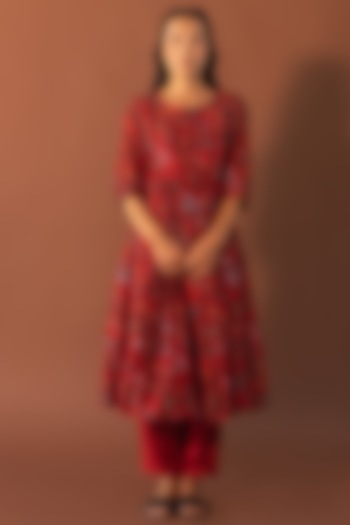Red Chanderi Printed Kurta Set by Khamaj India at Pernia's Pop Up Shop