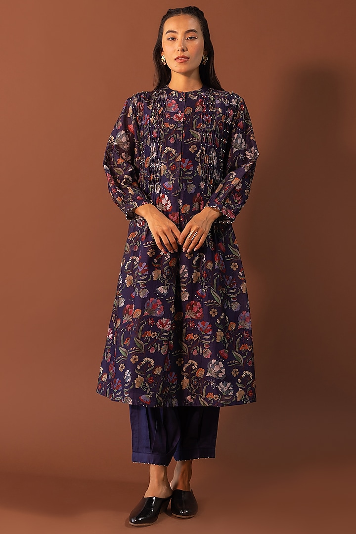 Blue Chanderi Printed Kurta Set by Khamaj India