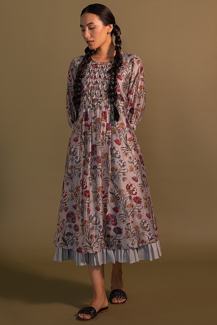 Grey Chanderi Printed Midi Dress by Khamaj India