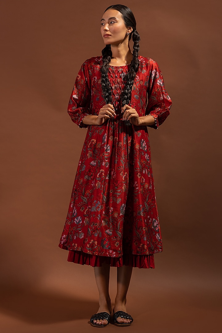 Red Chanderi Printed Midi Dress by Khamaj India