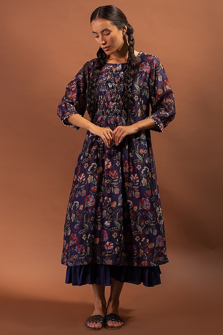 Blue Chanderi Printed Midi Dress by Khamaj India