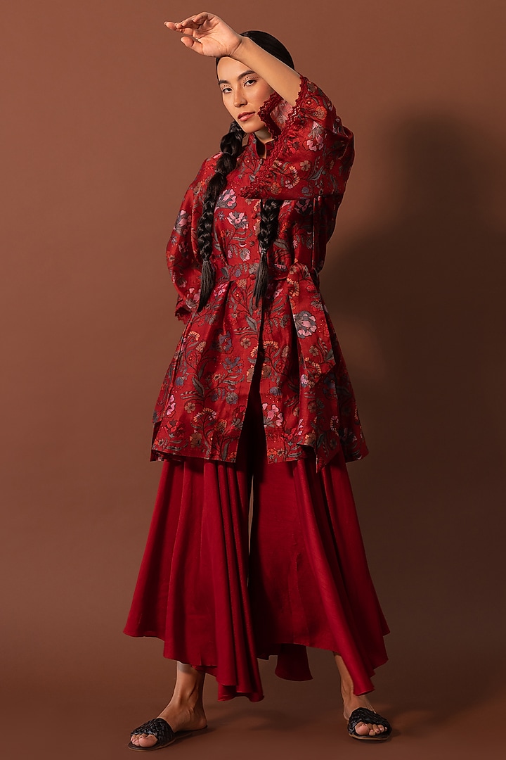 Red Silk Pant Set by Khamaj India