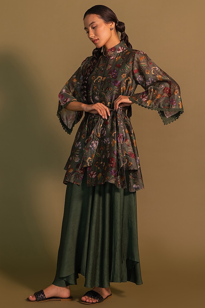 Green Silk Pant Set by Khamaj India at Pernia's Pop Up Shop