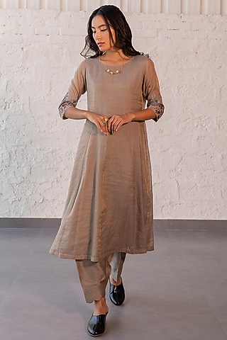 Grey Tissue Chanderi Embroidered A-Line Kurta Set by Khamaj India